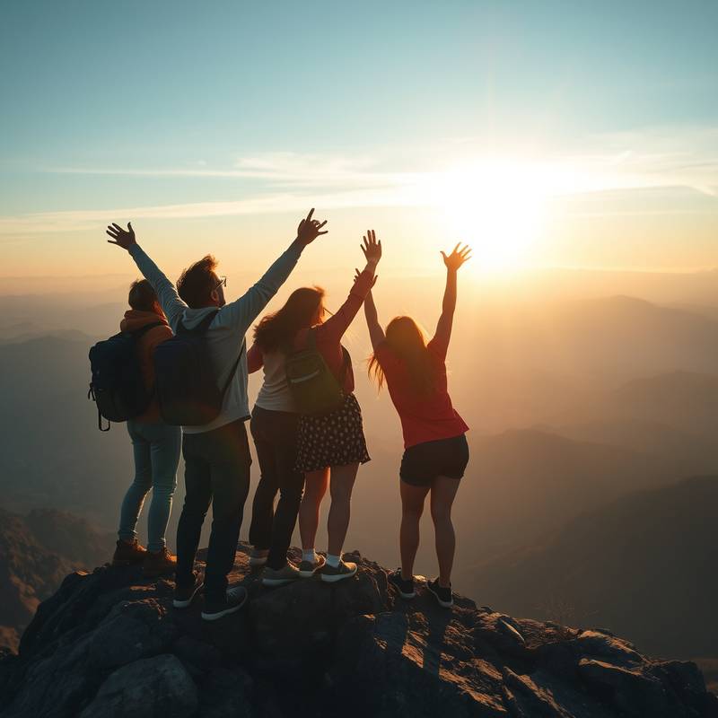 Personas celebrando en la cima de una montaña