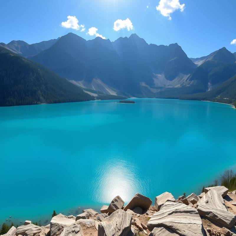 Vista panorámica de un lago turquesa en las montañas